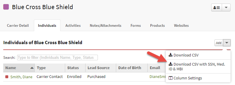Screenshot showing the option to include MBI in the Carrier Individuals tab CSV download