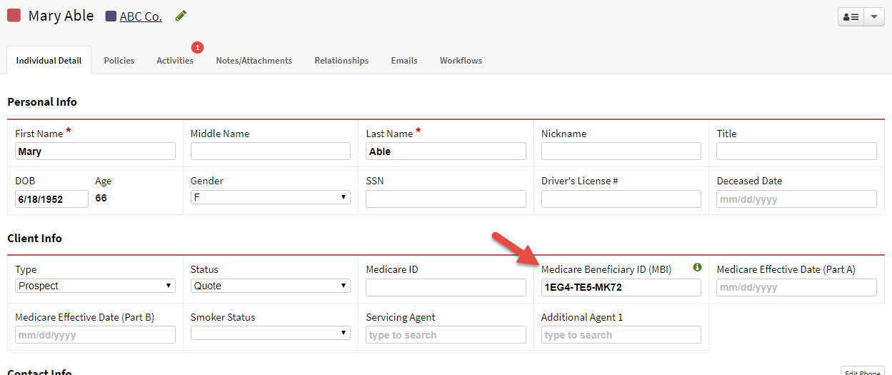 Screenshot showing the MBI, Medicare Beneficiary ID, field on an Individual record