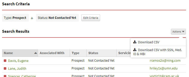 Screenshot showing how to download a CSV spreadsheet of an Advanced Search results