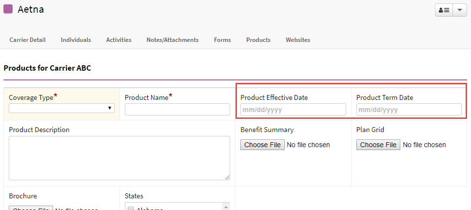 Screenshot highlighting the Product Effective Date and Product Term Date fields on a carrier product