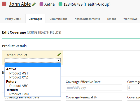 Screenshot showing the Carrier Product list on a Policy Coverage