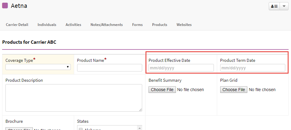 Screenshot showing the Product Effective and Term Date fields