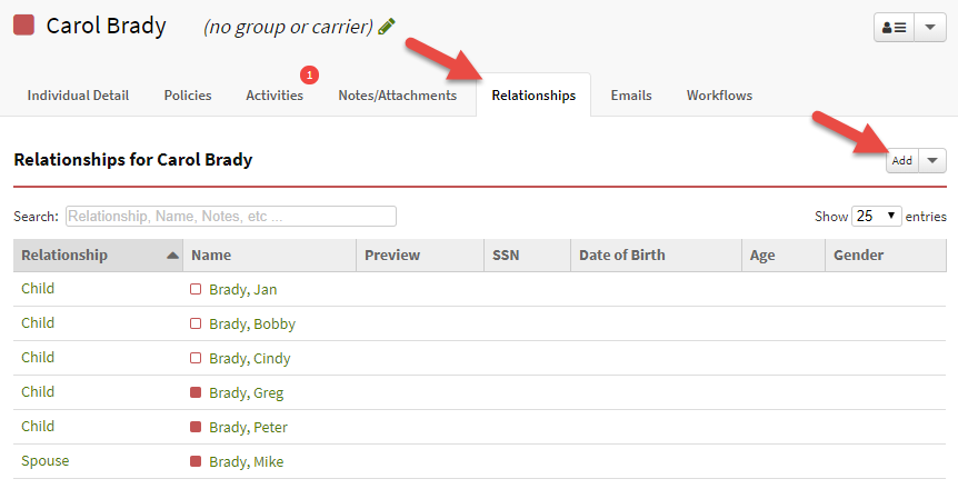 Screenshot showing how to add a relationship to an Individual