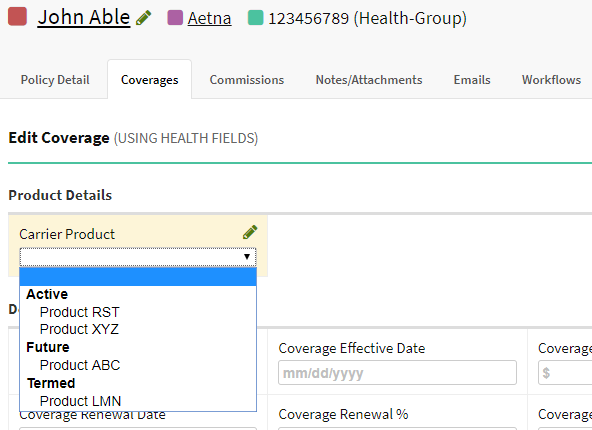 Screenshot showing how to associate a carrier product with a Coverage