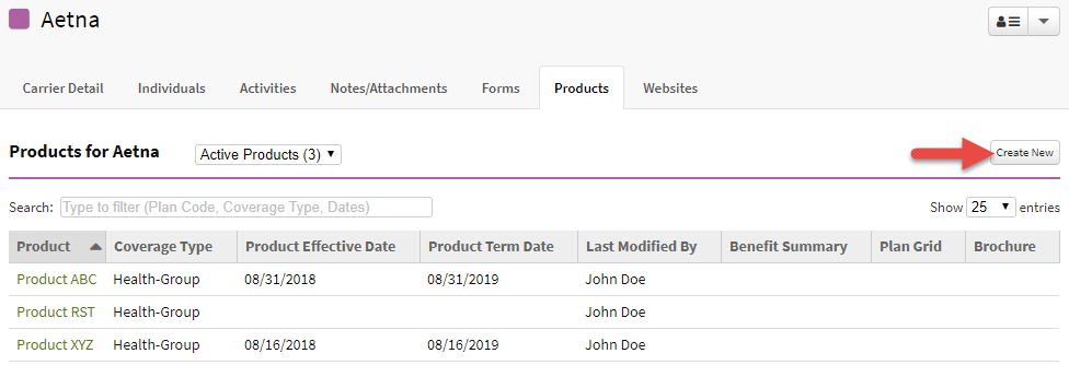 Screenshot showing how to create a new carrier product