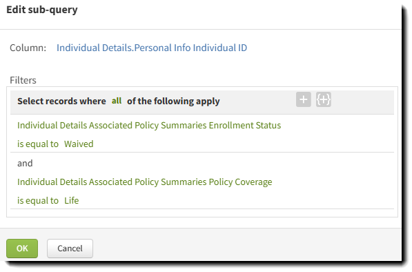 Screenshot showing how to set up a subquery filter