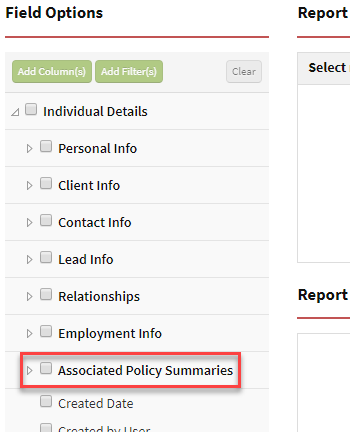 Screenshot showing the Associated Policy Summaries field options in Custom Reporting