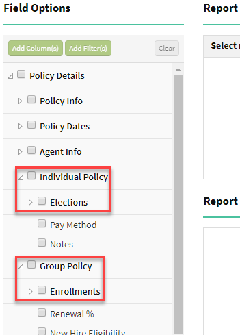 Screenshot showing the enrollment and election field options in Custom Reporting