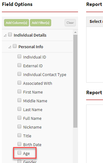 Screenshot showing the Age field option in Custom Reporting