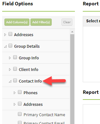 Screenshot showing the Contact Info field options in Custom Reporting