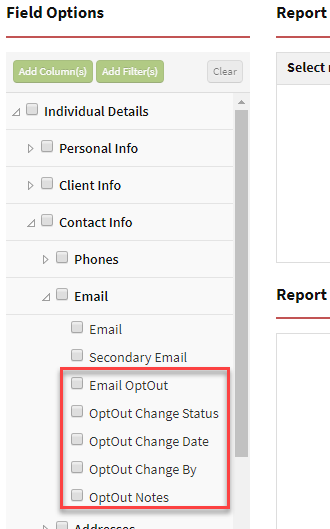Screenshot showing the Opt Out field options in Custom Reporting
