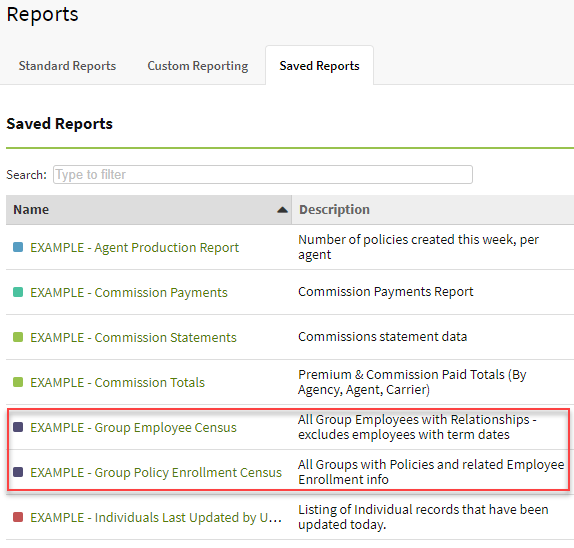 Screenshot showing the Group Employee Census and Group Policy Enrollment Census saved custom reports