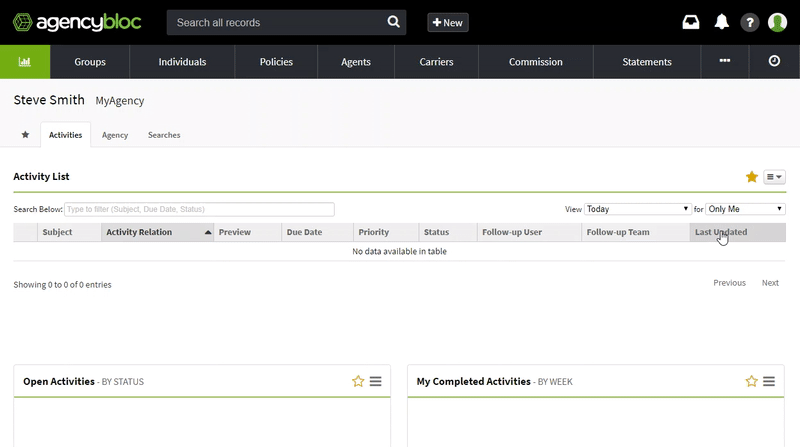 Animated image showing how to create new activities from the Dashboard Activity List