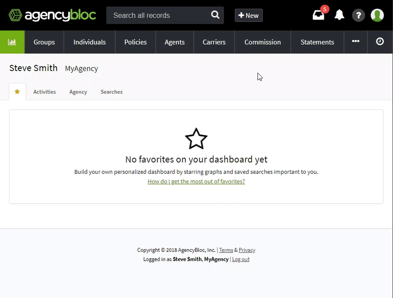 Animated image showing how to create new activities using the New button in the AgencyBloc header