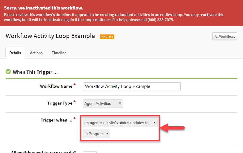 Screenshot showing the trigger when details of a workflow