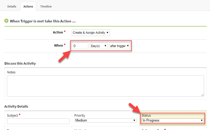 Screenshot showing the timing for an activity workflow action