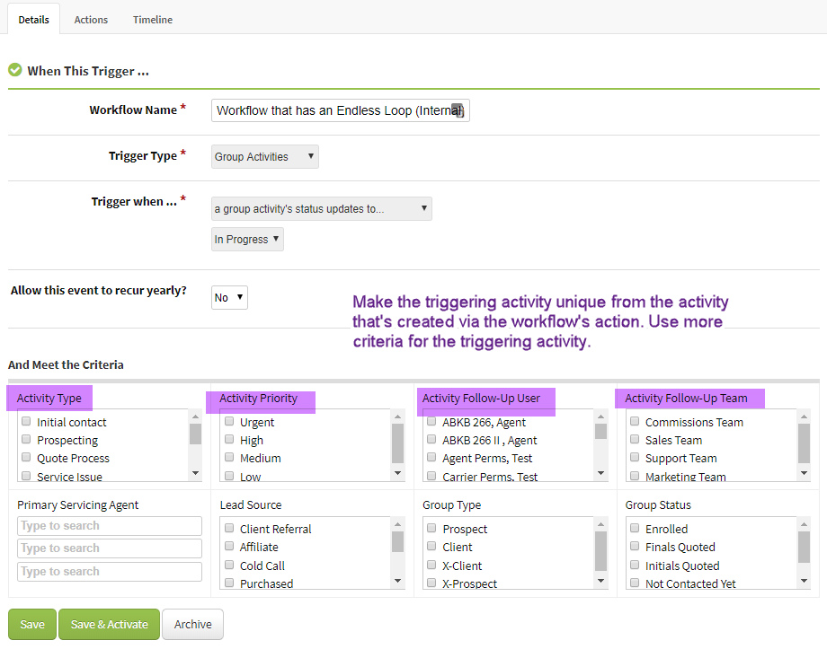 Screenshot showing how to use workflow criteria to prevent workflow activity loops