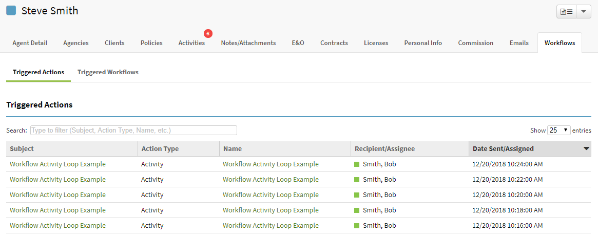 Screenshot showing an example of an agent record that is in an workflow activity loop