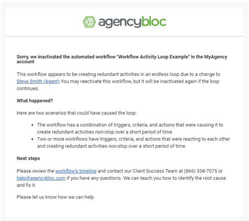 Screenshot showing an email notification from a workflow activity loop