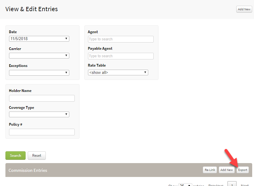 Screenshot showing the option to export commission entries for a specific date