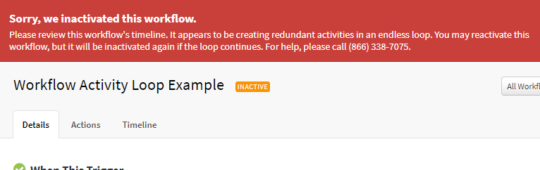 Screenshot showing an alert when a workflow is in an activity loop