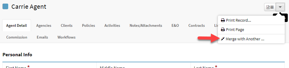 Screenshot showing the dropdown option to merge an agent record with another