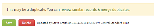 Screenshot showing the duplicate detection banner on an agent record
