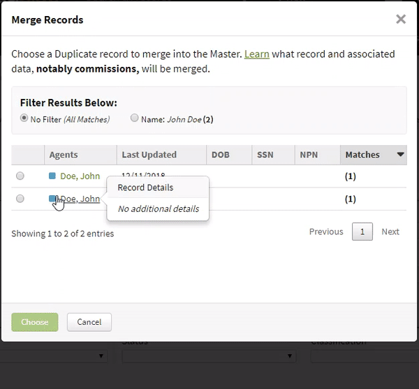 Animated image showing how to merge duplicate Agent records