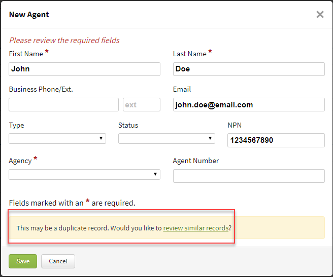 Screenshot showing the duplicate detection banner when creating a new Agent record
