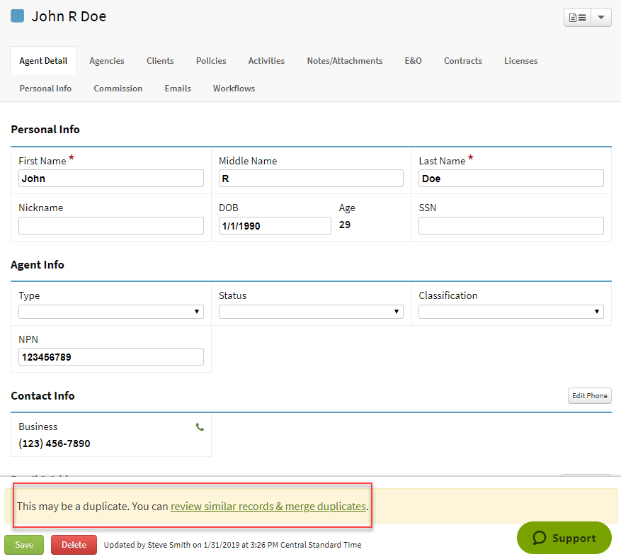 Screenshot showing the duplicate detection banner when viewing an Agent record