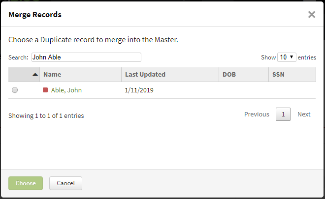 Screenshot showing a table with a duplicate individual record selected to merge into the master individual record