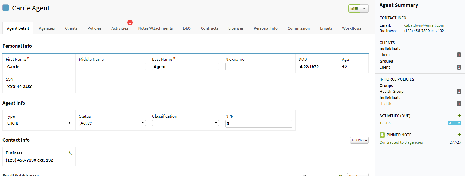 Screenshot showing an agent's Detail tab and right-hand summary