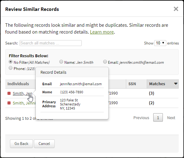 Screenshow showing how to review similar records