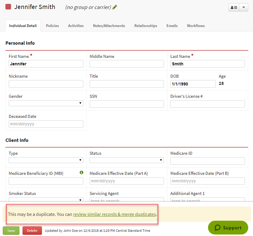 Screenshot showing the duplicate detection banner on an Individual record