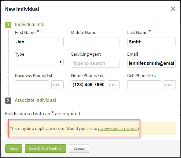 Screenshot showing the duplicate detection banner during new Individual creation