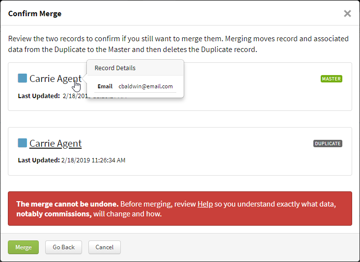 Screenshot showing the confirmation step for finalizing the merge