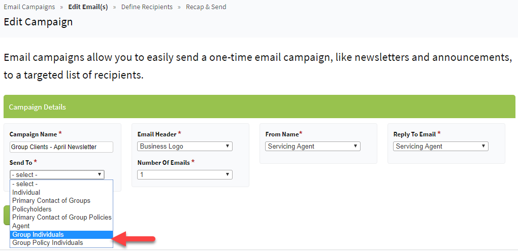 Screenshot showing the option to send email campaigns to Group Individuals