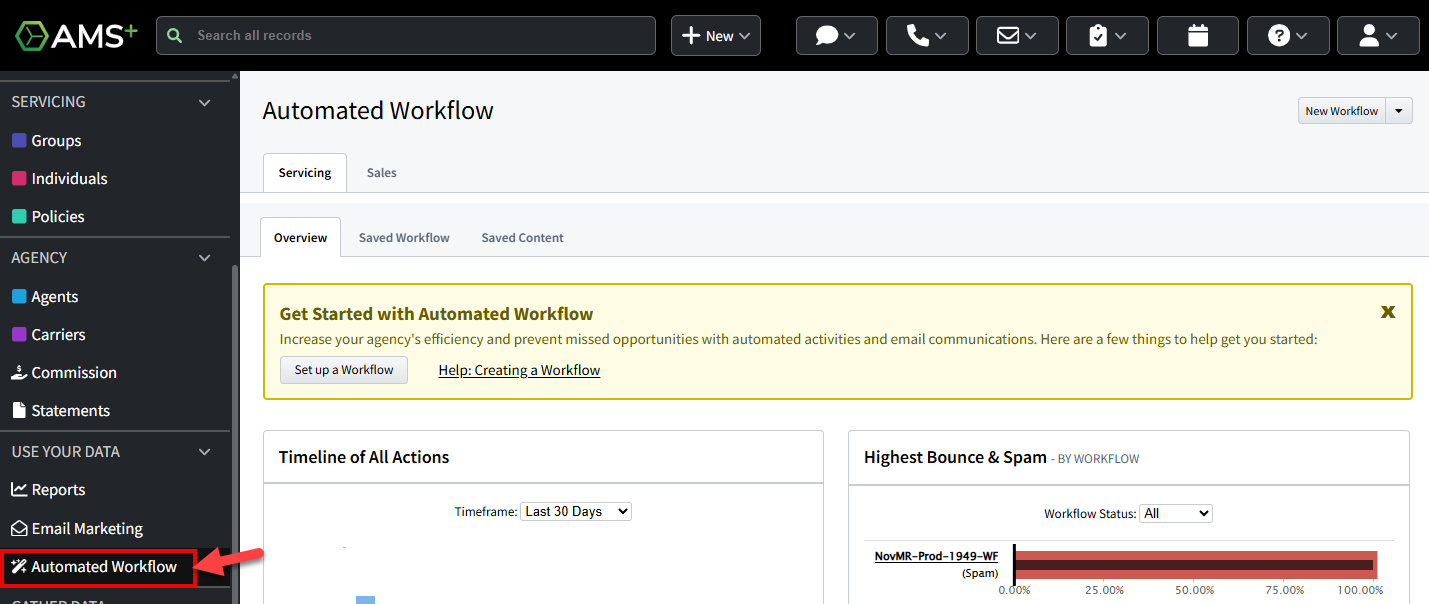 Screenshot showing how to access Automated Workflow from the global navigation