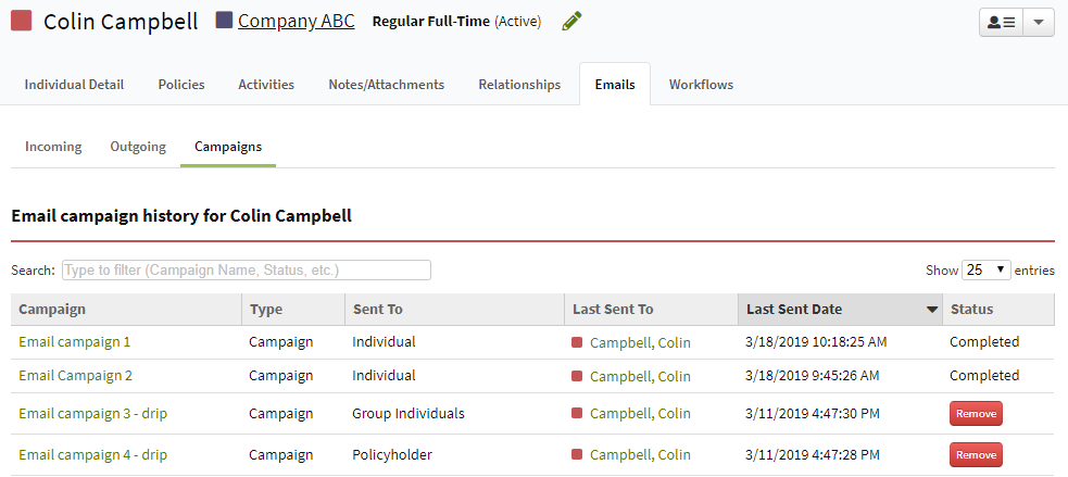 Screenshot showing the Campaigns tab on an Individual record