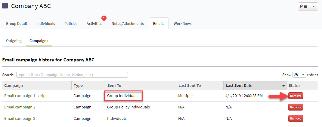 Screenshot showing how to remove a recipient from a group email campaign