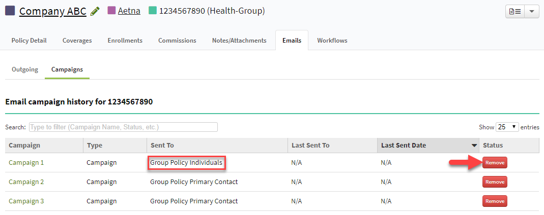 Screenshot showing how to remove all recipients from a group email campaign