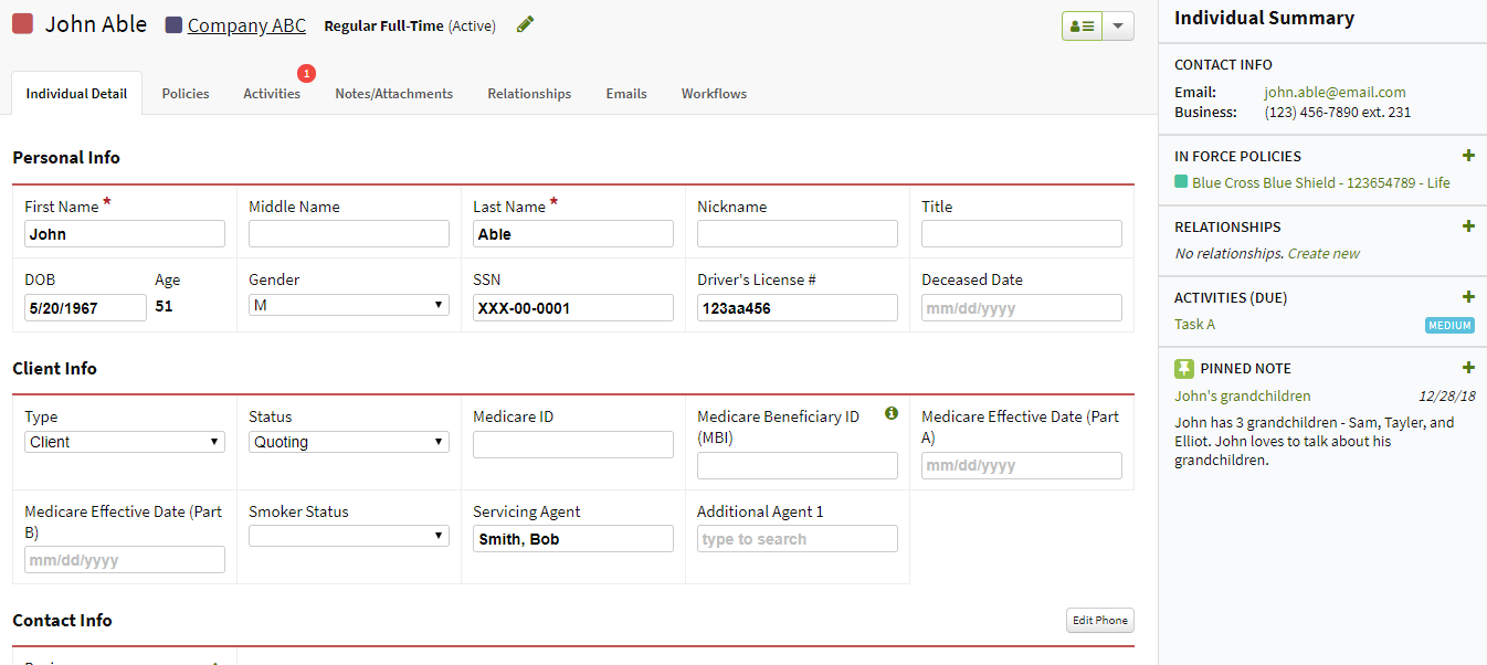 Screenshot showing an individual's Detail tab and right-hand summary