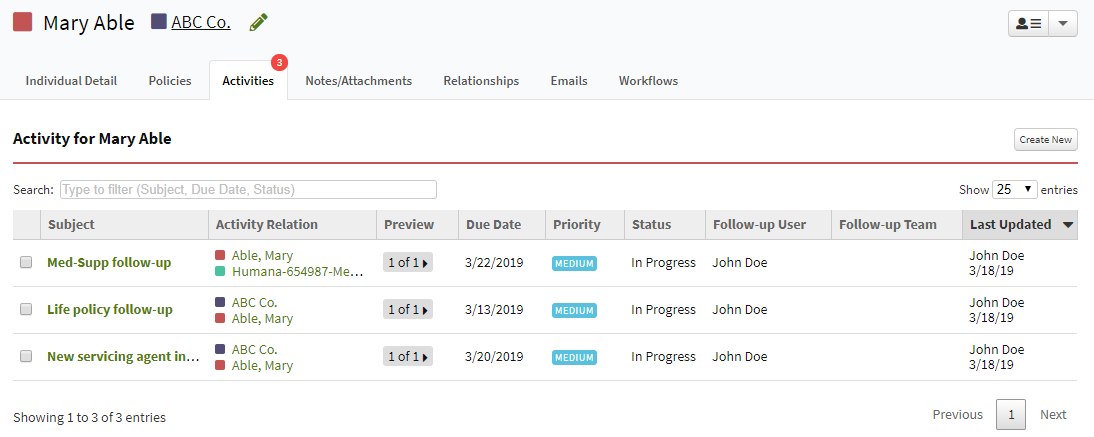 Screenshot showing the Activities list on an Individual record before the update