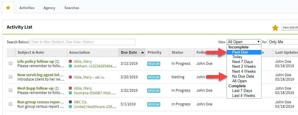 Screenshot showing the Past Due and No Due Date views on the Dashboard Activity List