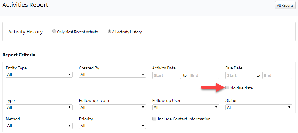 Screenshot showing the option to include activities with no due date on the Activities report
