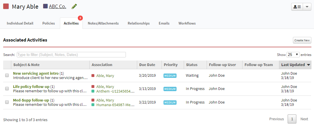 Screenshot showing the Activities list on an Individual record after the update