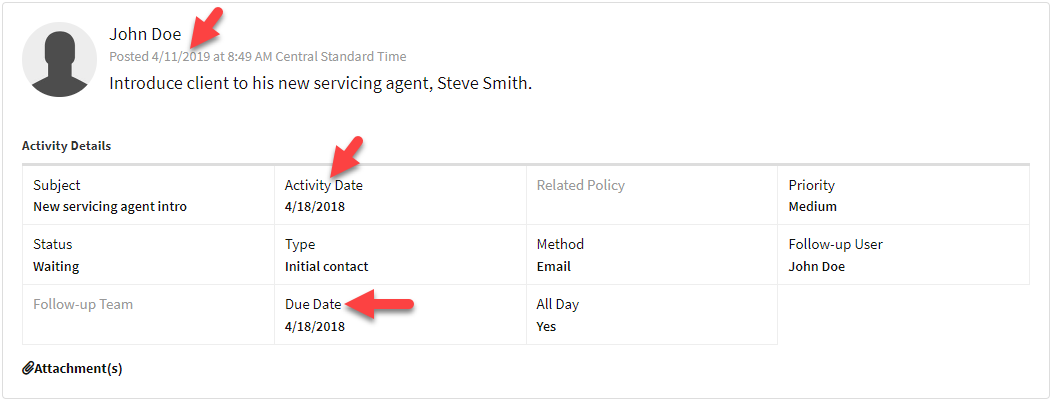 Screenshot highlightng the posted date, the activity date, and the due date on an activity