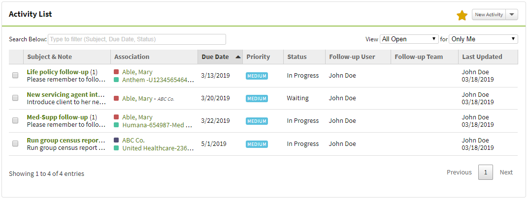 Screenshot showing the Activity List on the Activities Dashboard
