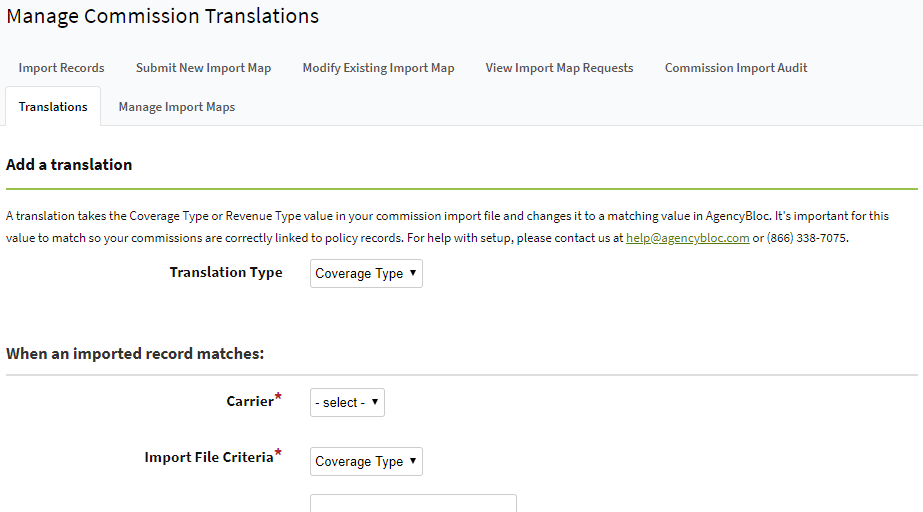 Screenshot showing the Commission Translations page