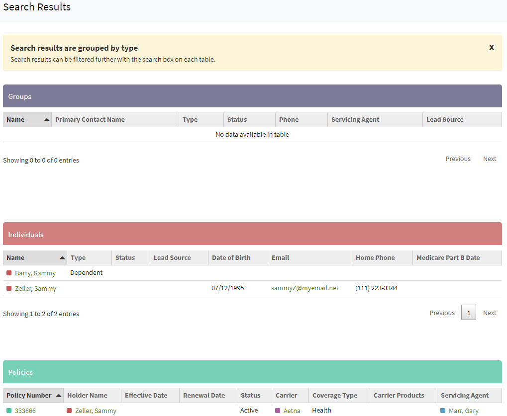 Screenshot showing an example of a Global Search before the update